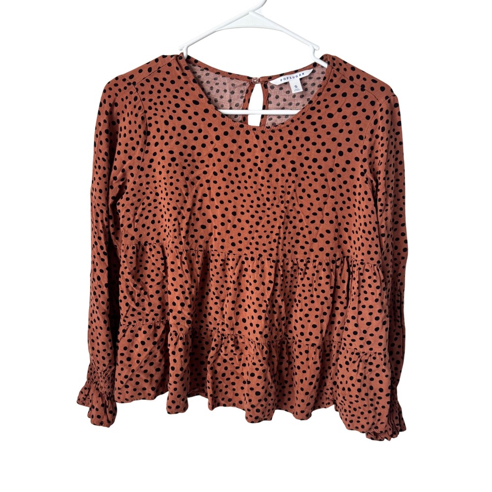 POPSUGAR Womens Rust Polka Dot Tiered Babydoll Blouse Long Sleeve Smocked Cuff S